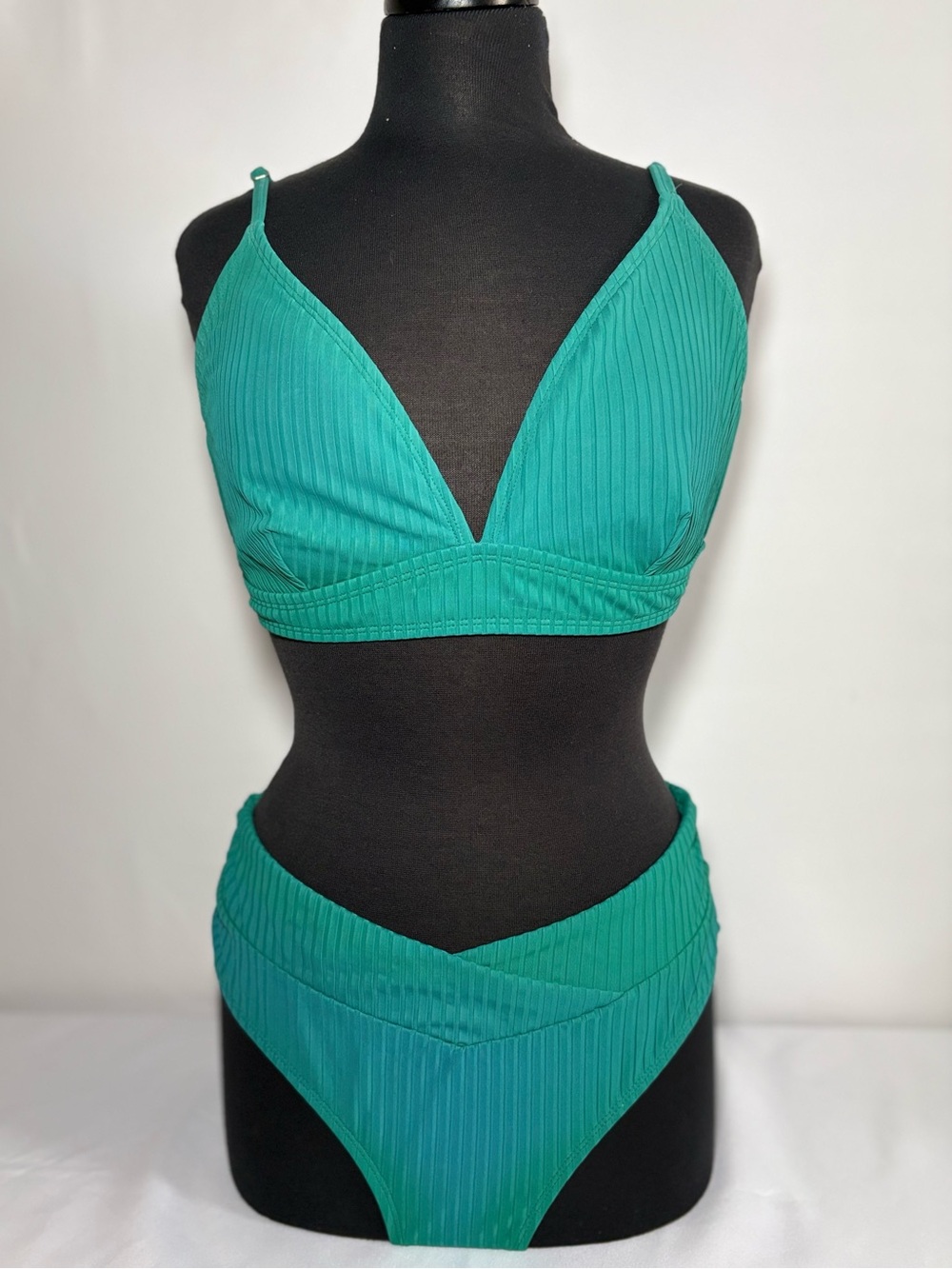 Time and Tru Ribbed V-Neck Bikini Set - Teal Green